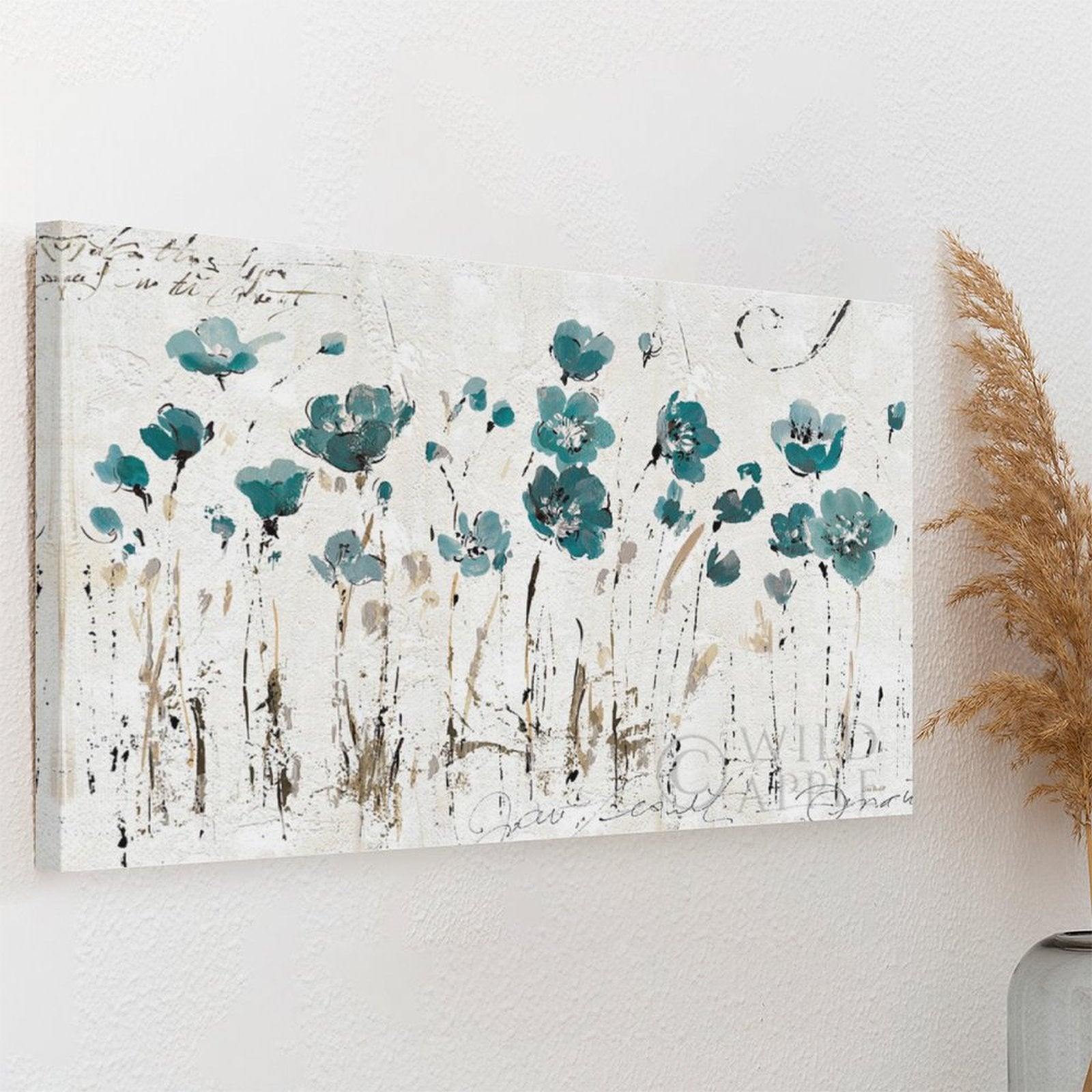 Abstract floral canvas print with teal flowers, wall art for home decor, canvas art, made in USA, MyArtsyGift