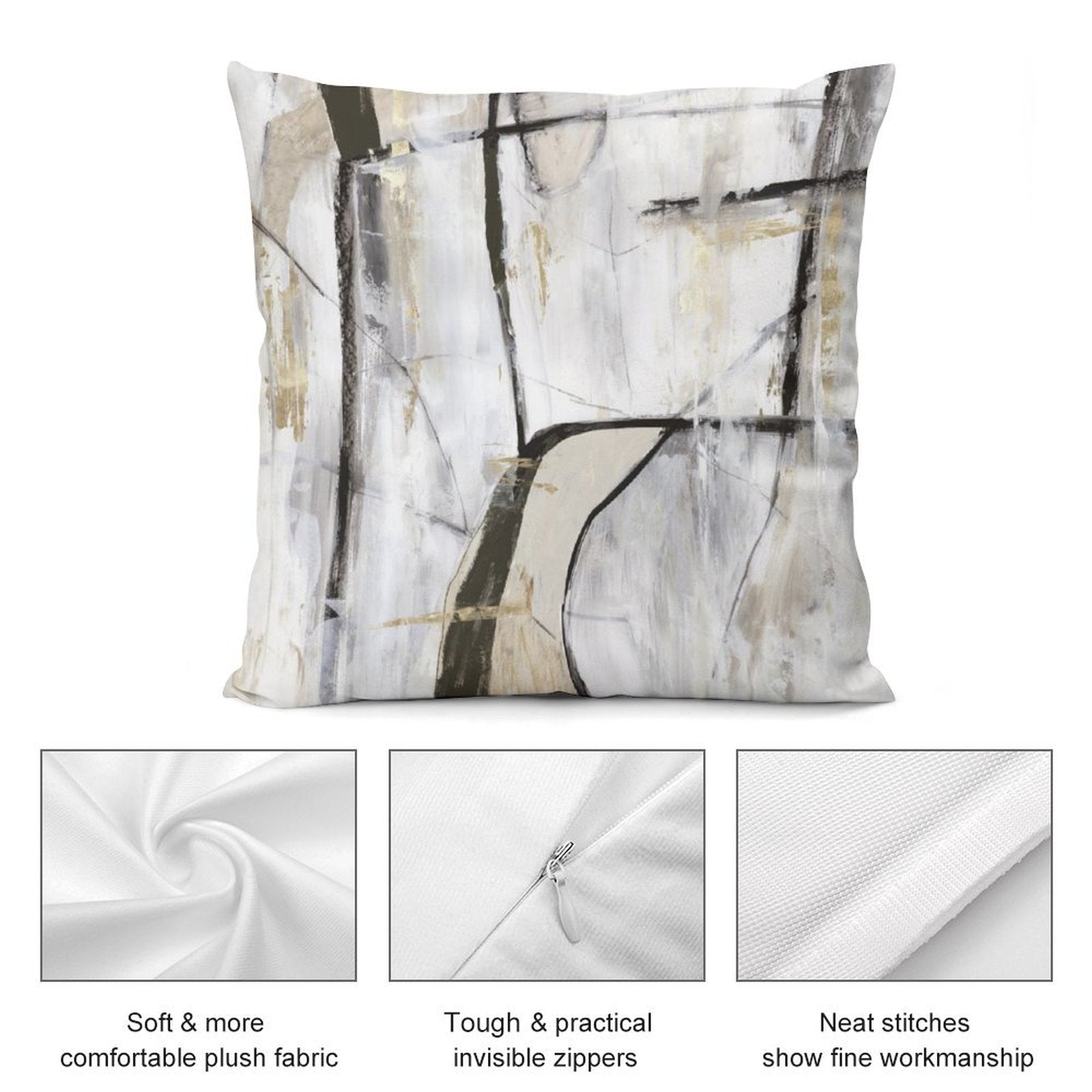 Abstract art throw pillow cover. White, gray, gold colors. Soft plush, invisible zipper. Decorative pillow.