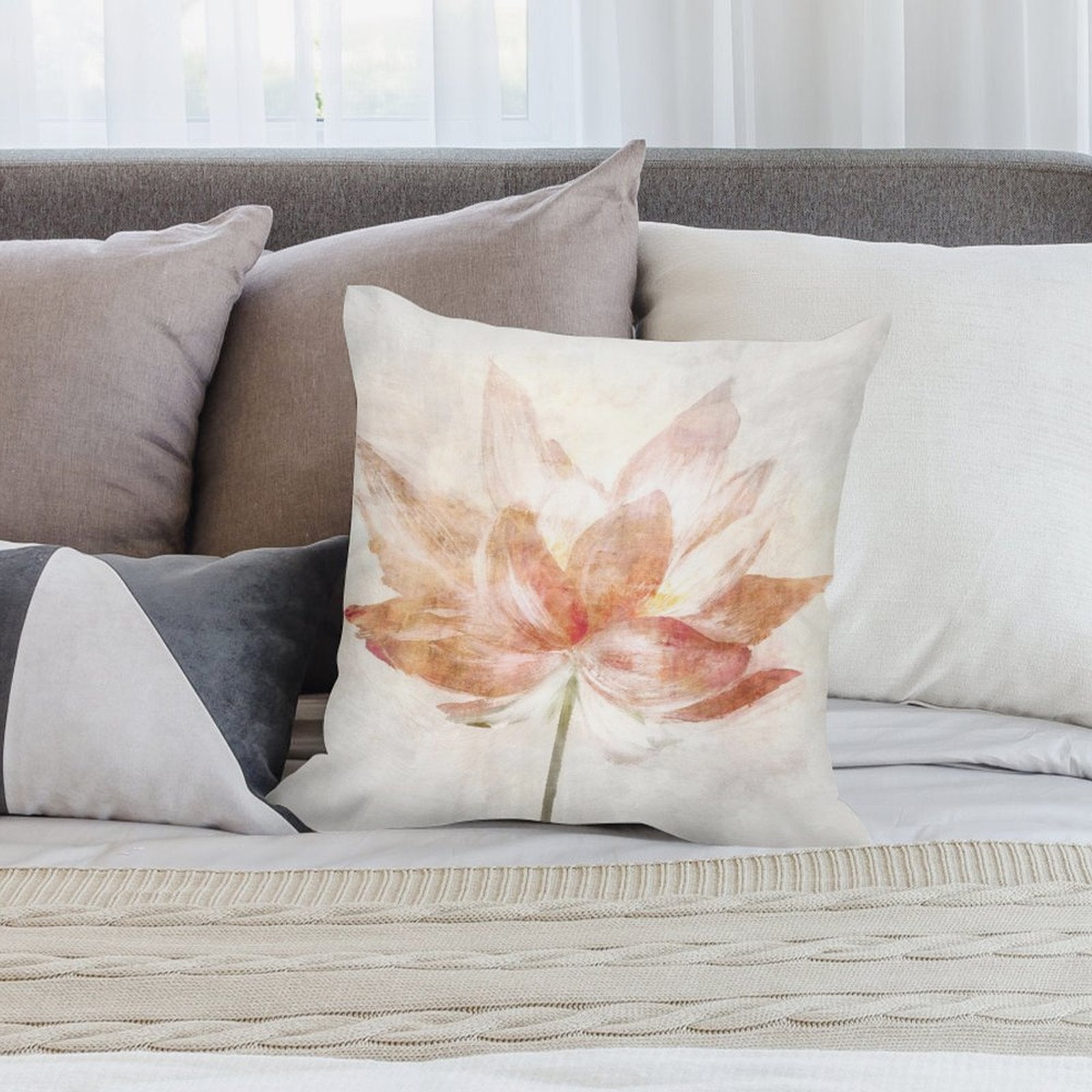 Luxury short plush pillow cover with watercolor lotus design, sofa decor, soft and comfortable material