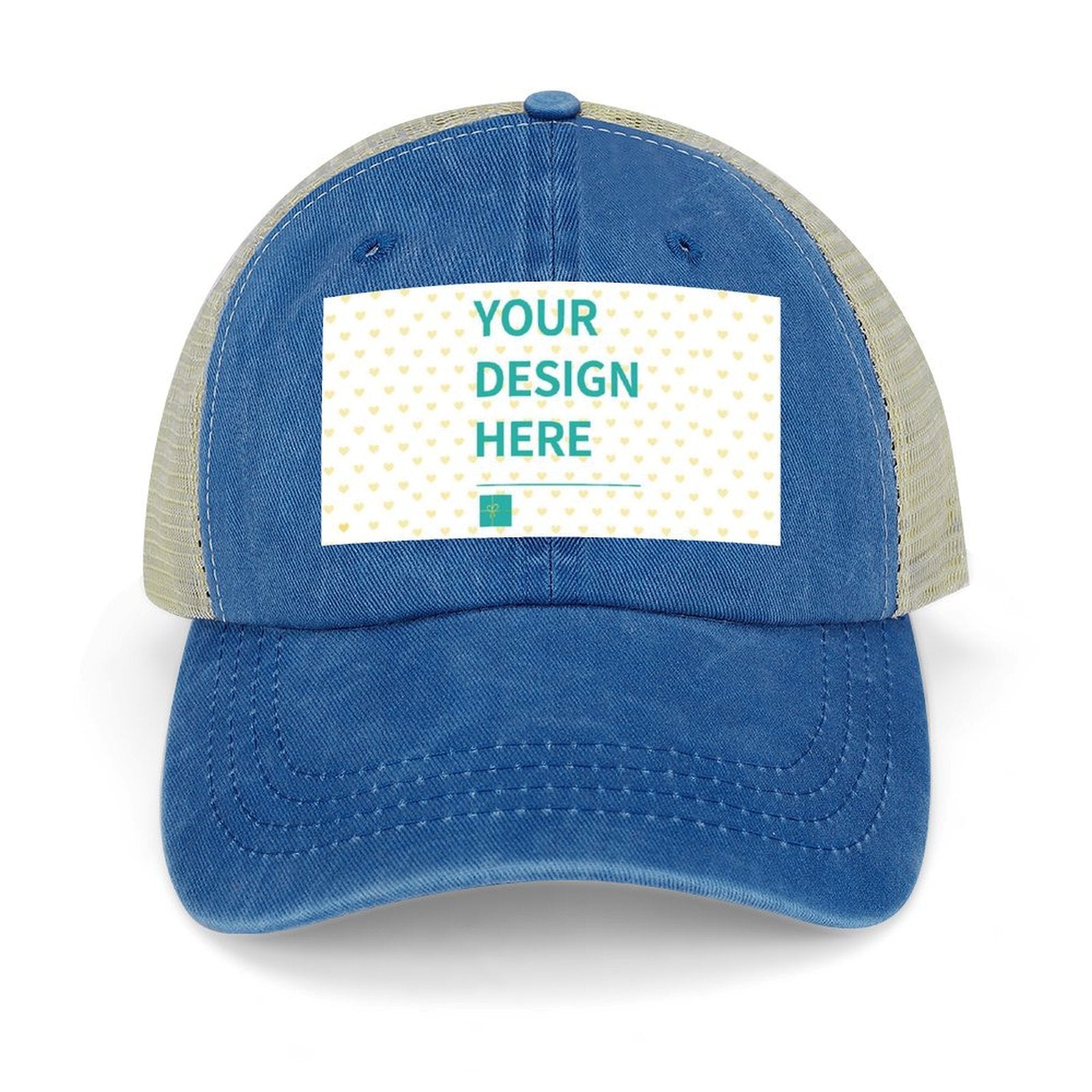 Customizable blue cotton baseball cap with mesh back and your design, personalized hat.