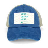 Customizable blue cotton baseball cap with mesh back and your design, personalized hat.
