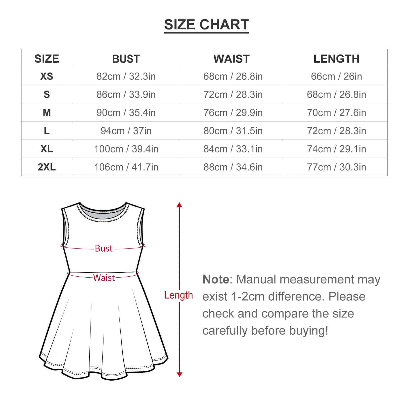 Custom cheerleading dress size chart. Bust, waist, length measurements for adult cheer uniforms. XS-2XL sizes.