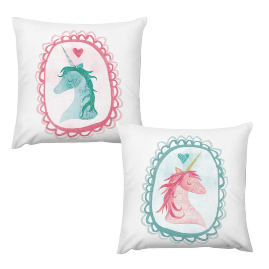 Two square throw pillow covers with watercolor unicorn designs, soft plush, for home & living decor.