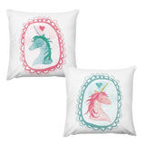 Two square throw pillow covers with watercolor unicorn designs, soft plush, for home & living decor.