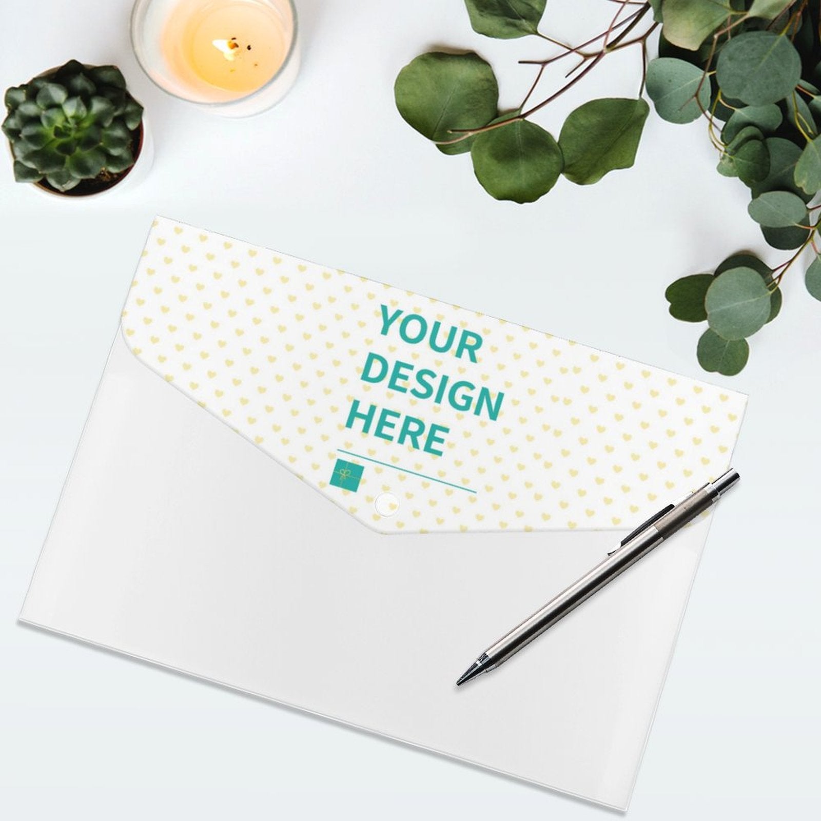 Customizable expanding file folder with 'YOUR DESIGN HERE', perfect for school or office supplies.