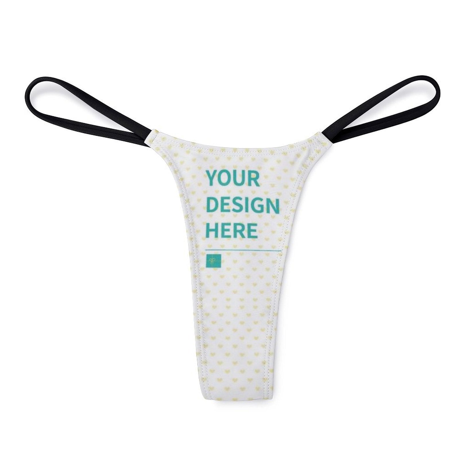 Personalized women's thong with YOUR DESIGN HERE text, white fabric with yellow heart pattern, custom panties