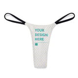 Personalized women's thong with YOUR DESIGN HERE text, white fabric with yellow heart pattern, custom panties