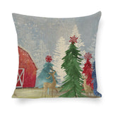 Cotton linen pillow case with Christmas scene; red barn, trees and deer, perfect for home decor.