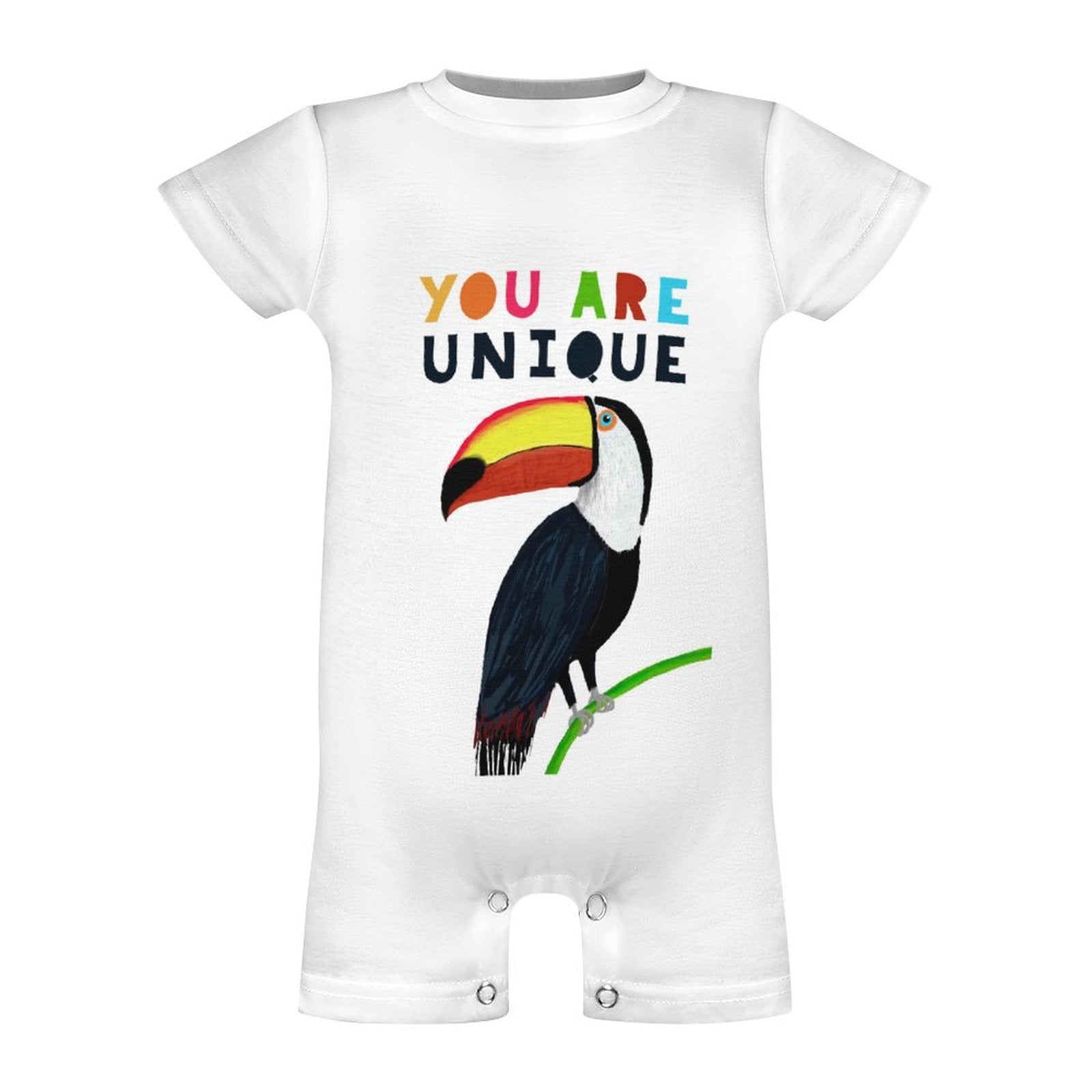 Soft cotton baby romper with toucan design and "YOU ARE UNIQUE" text for 0-24 months