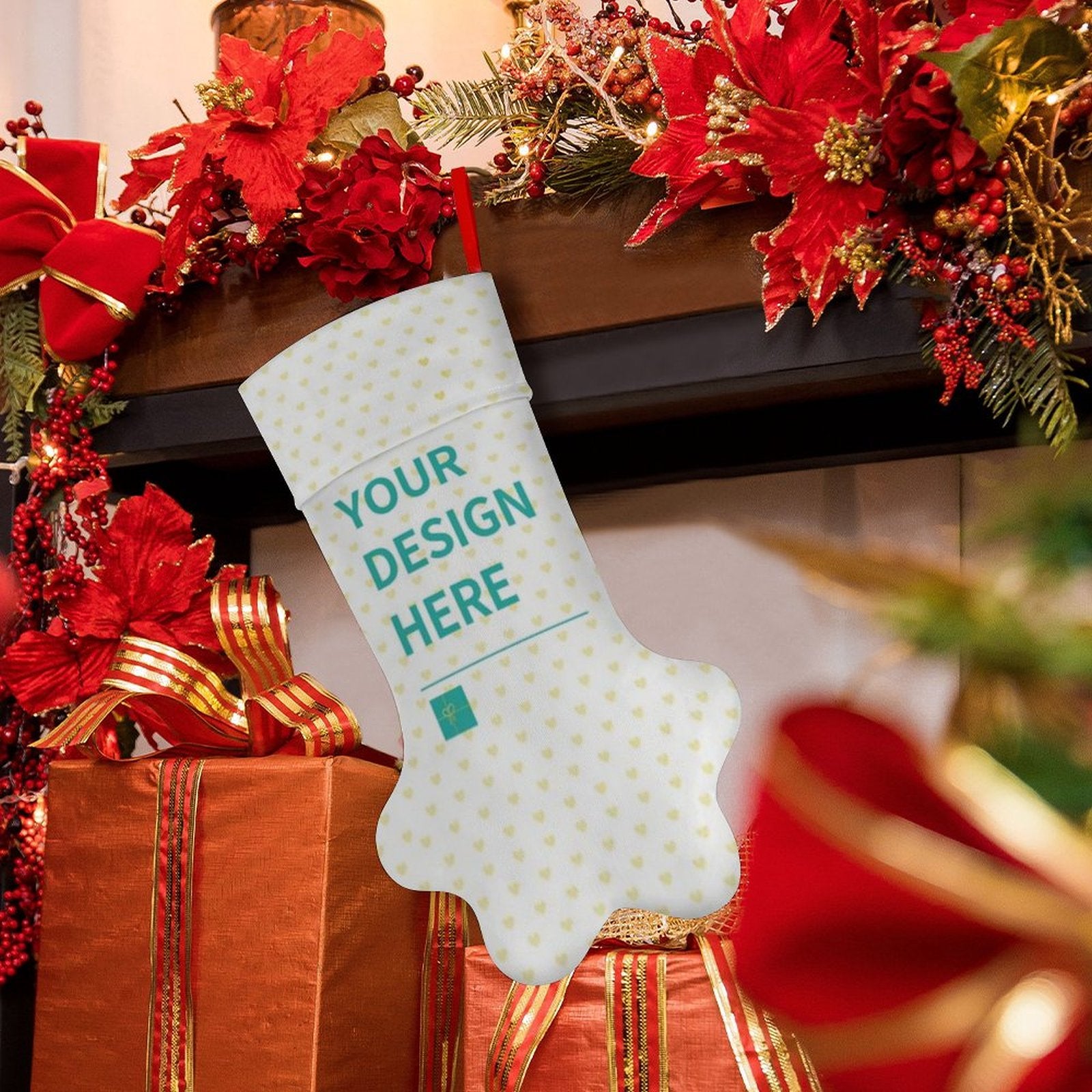 Customizable dog paw Christmas stocking with 'YOUR DESIGN HERE' text. Polyester fabric, ideal holiday gift.