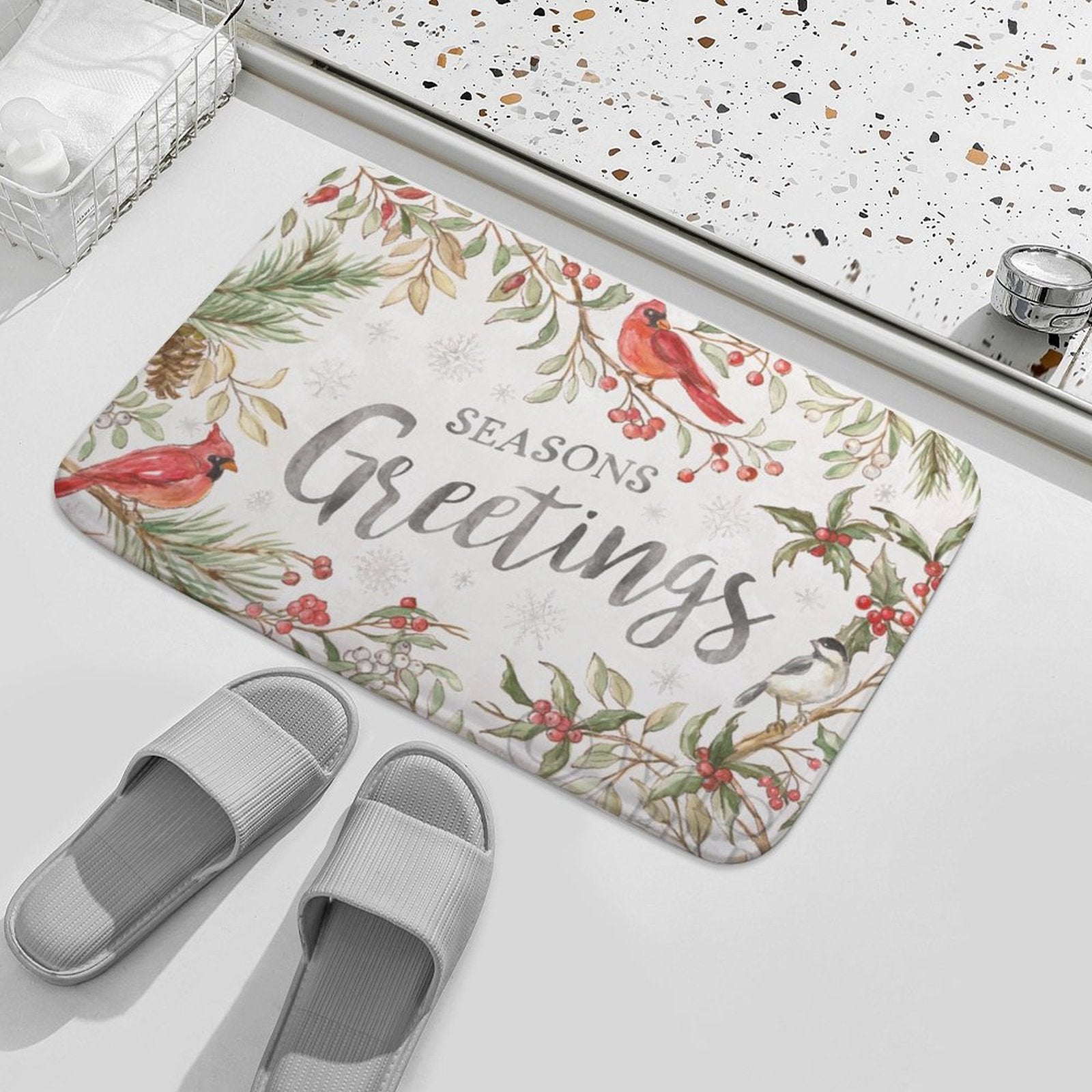 Seasons Greetings coral velvet bath rug for bathroom, non-slip with cardinals and festive design.
