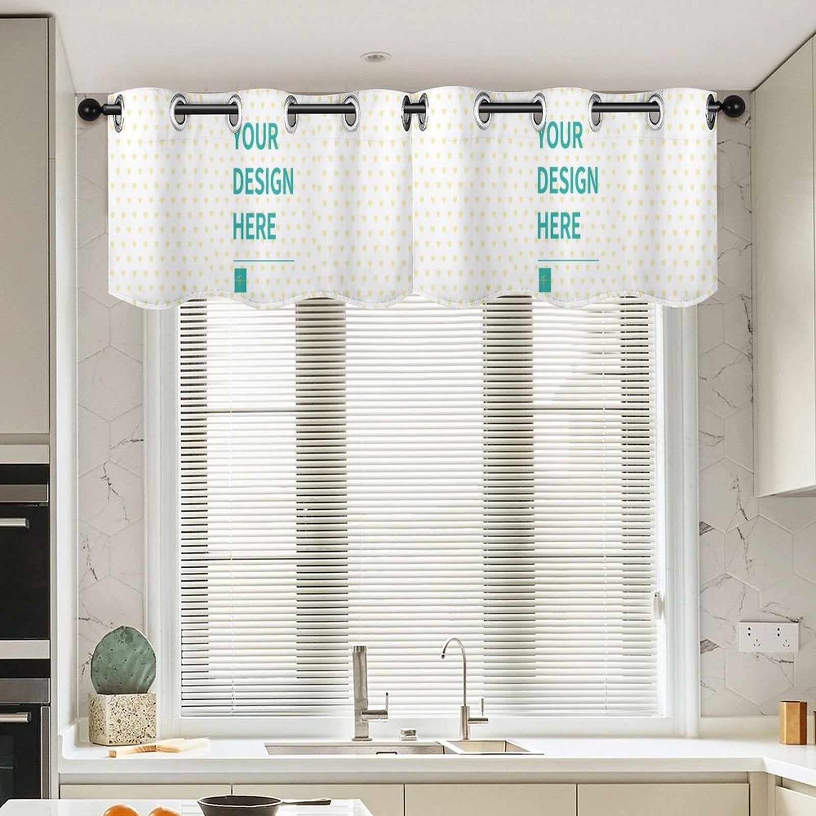Customizable window valance with 'YOUR DESIGN HERE' text; white fabric with heart pattern for kitchen decor