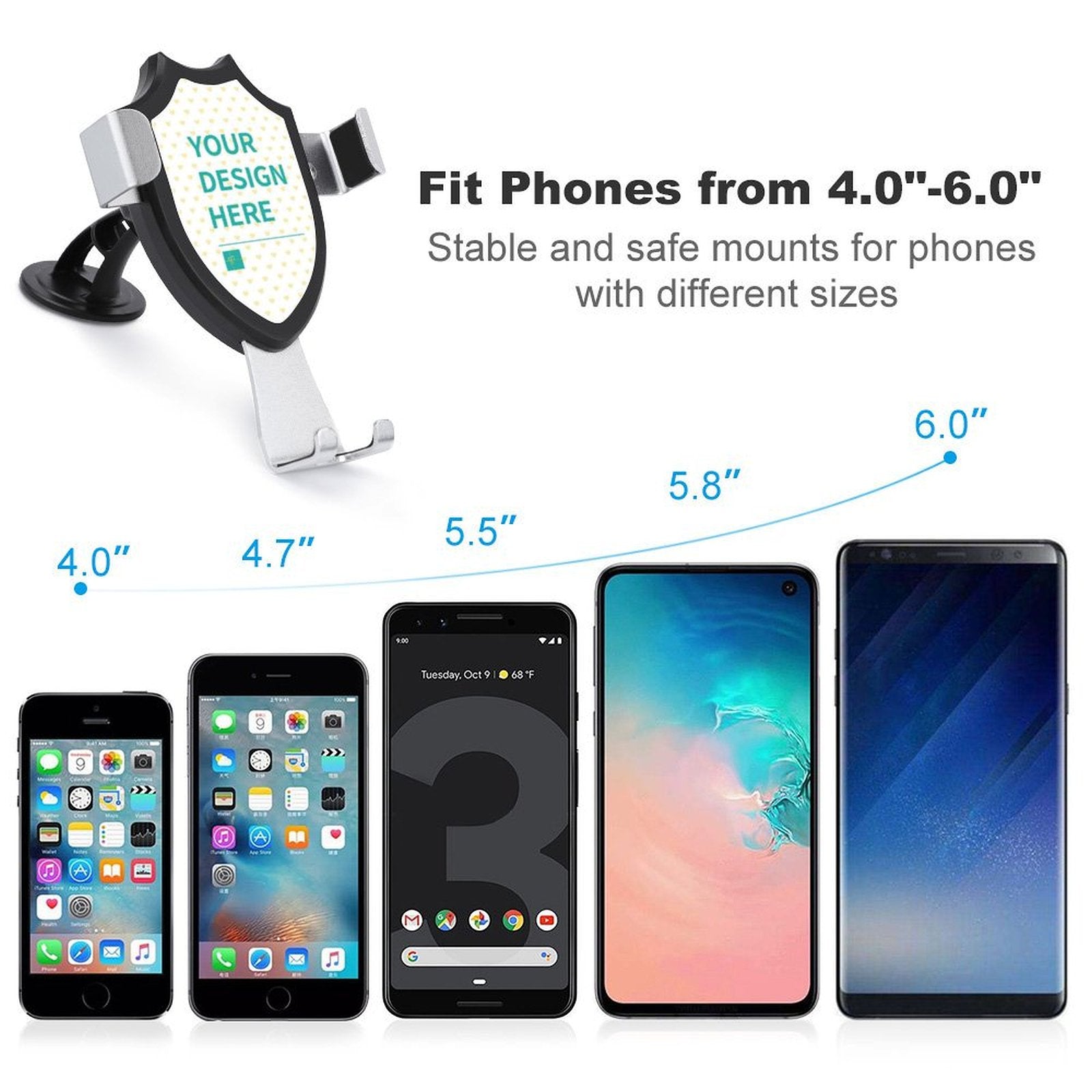 Customizable car phone holder, adjustable mount for smartphones from 4.0"-6.0", black and silver design.