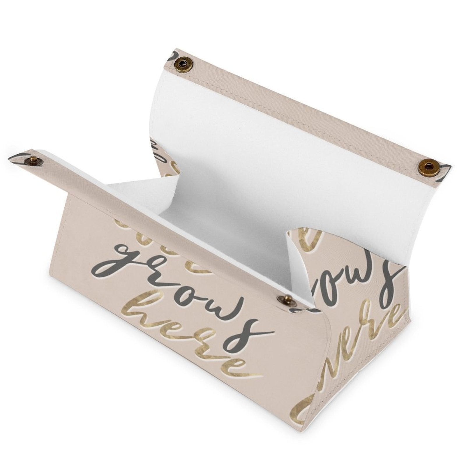 Beige PU tissue box cover with 'Love Grows Here' design, facial tissue holder for home decor.