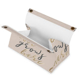 Beige PU tissue box cover with 'Love Grows Here' design, facial tissue holder for home decor.