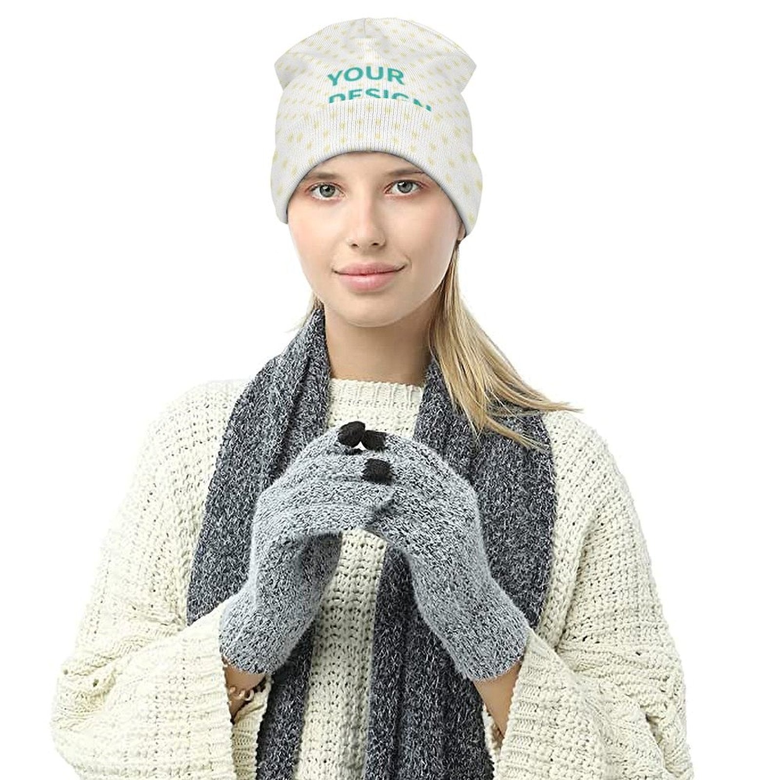 Custom white beanie with 'YOUR DESIGN' text, a personalized knitted hat gift, perfect for men and women.