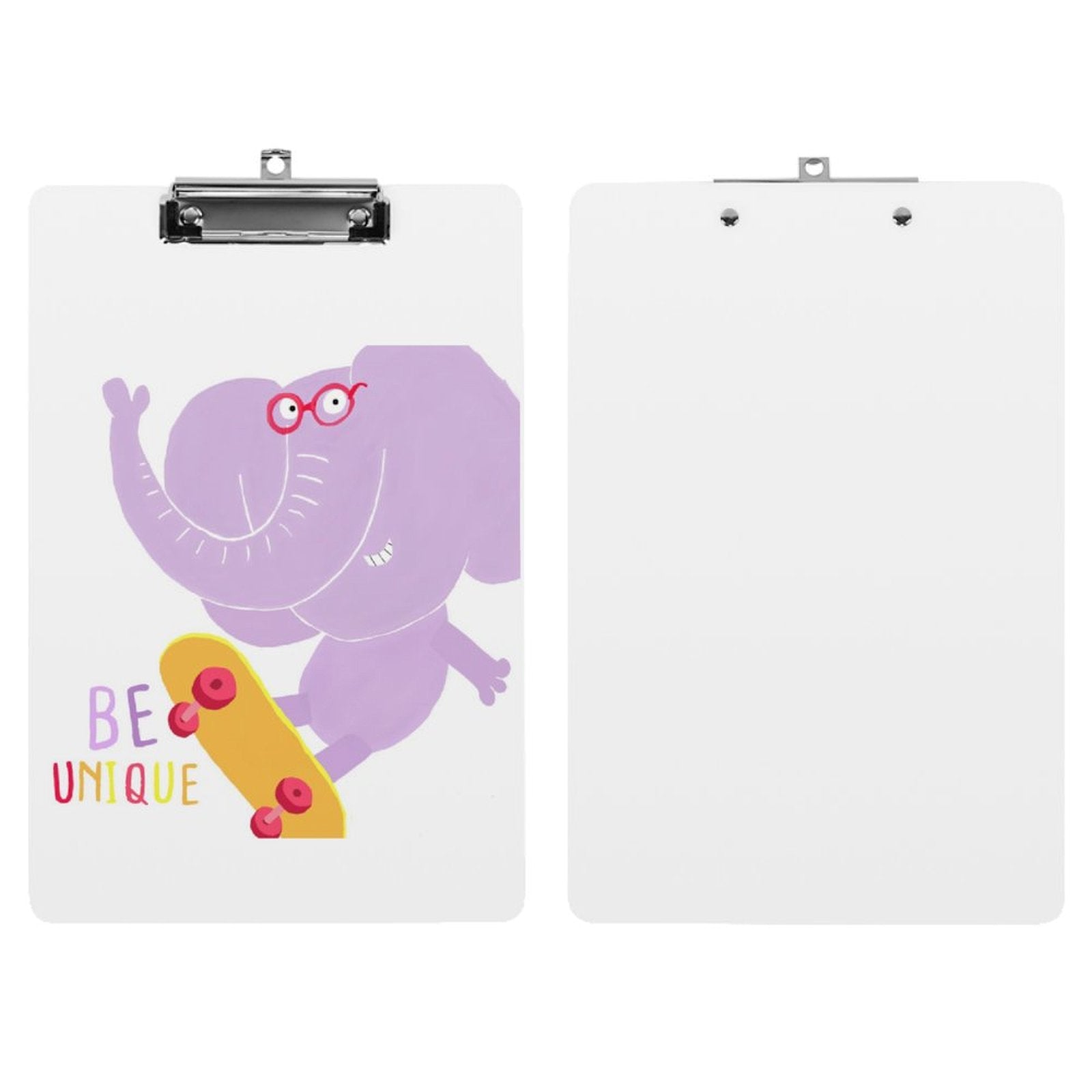 Acrylic clipboard with unique elephant design and 'BE UNIQUE' quote, ideal for students and office supplies