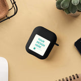 Custom black AirPods case with 'Your Design Here' personalization. Protective TPU case for AirPods 1 & 2.