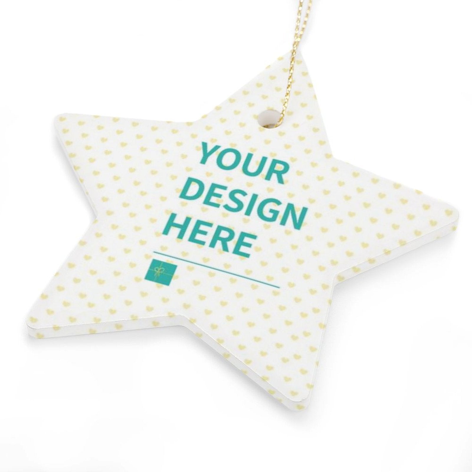 Custom Christmas Star Ornament with "YOUR DESIGN HERE", ceramic material, heart pattern, and gold hanging chain.