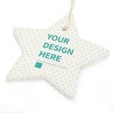 Custom Christmas Star Ornament with "YOUR DESIGN HERE", ceramic material, heart pattern, and gold hanging chain.