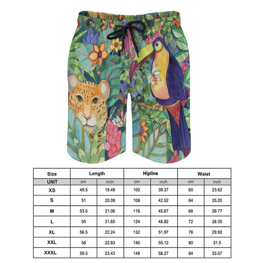Men's Hawaiian swim trunks: jungle print with cheetah and toucan, drawstring, size chart, quick-dry fabric, gift