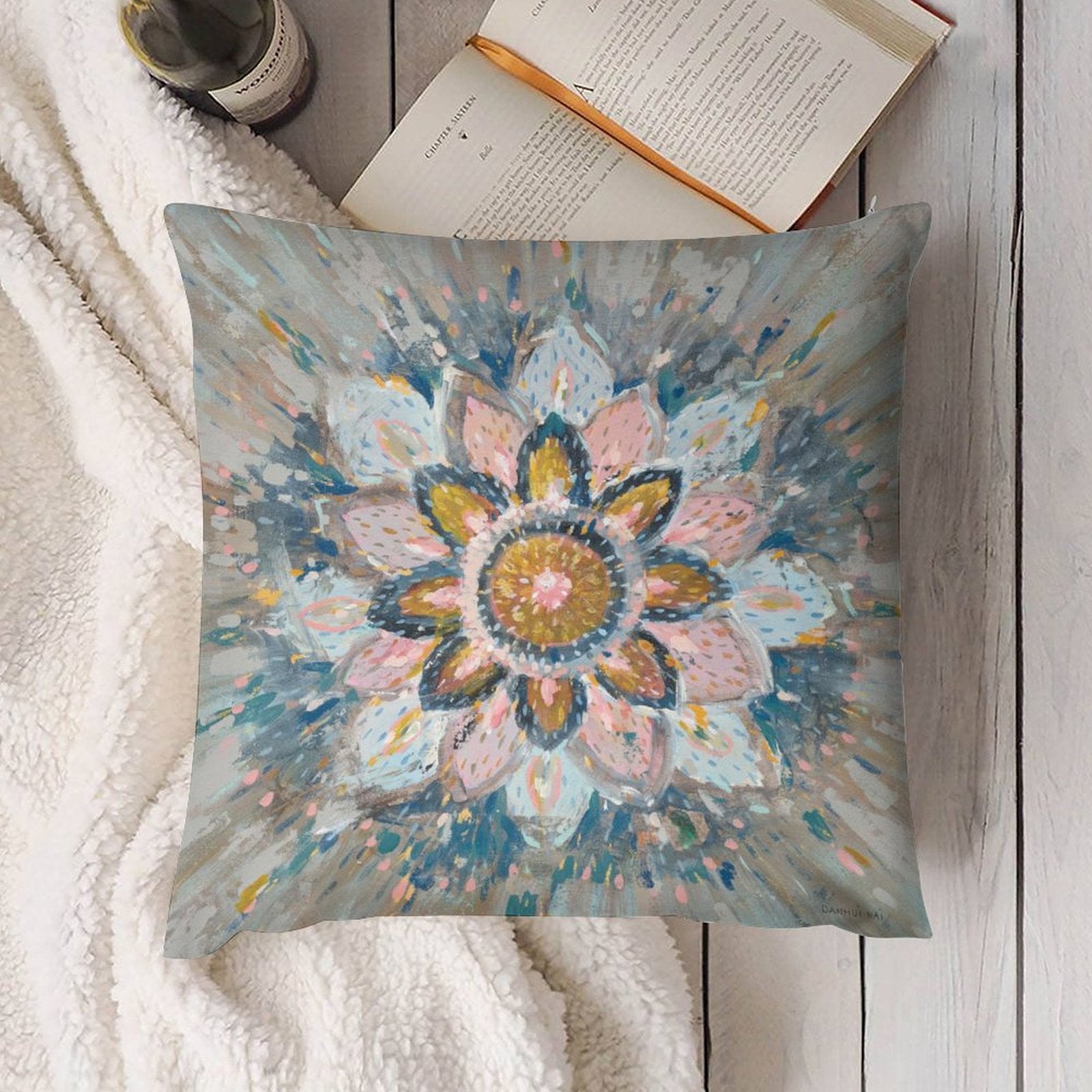 Floral art plush pillow cover for sofa or living room, Danhni Nai design, soft and breathable fabric