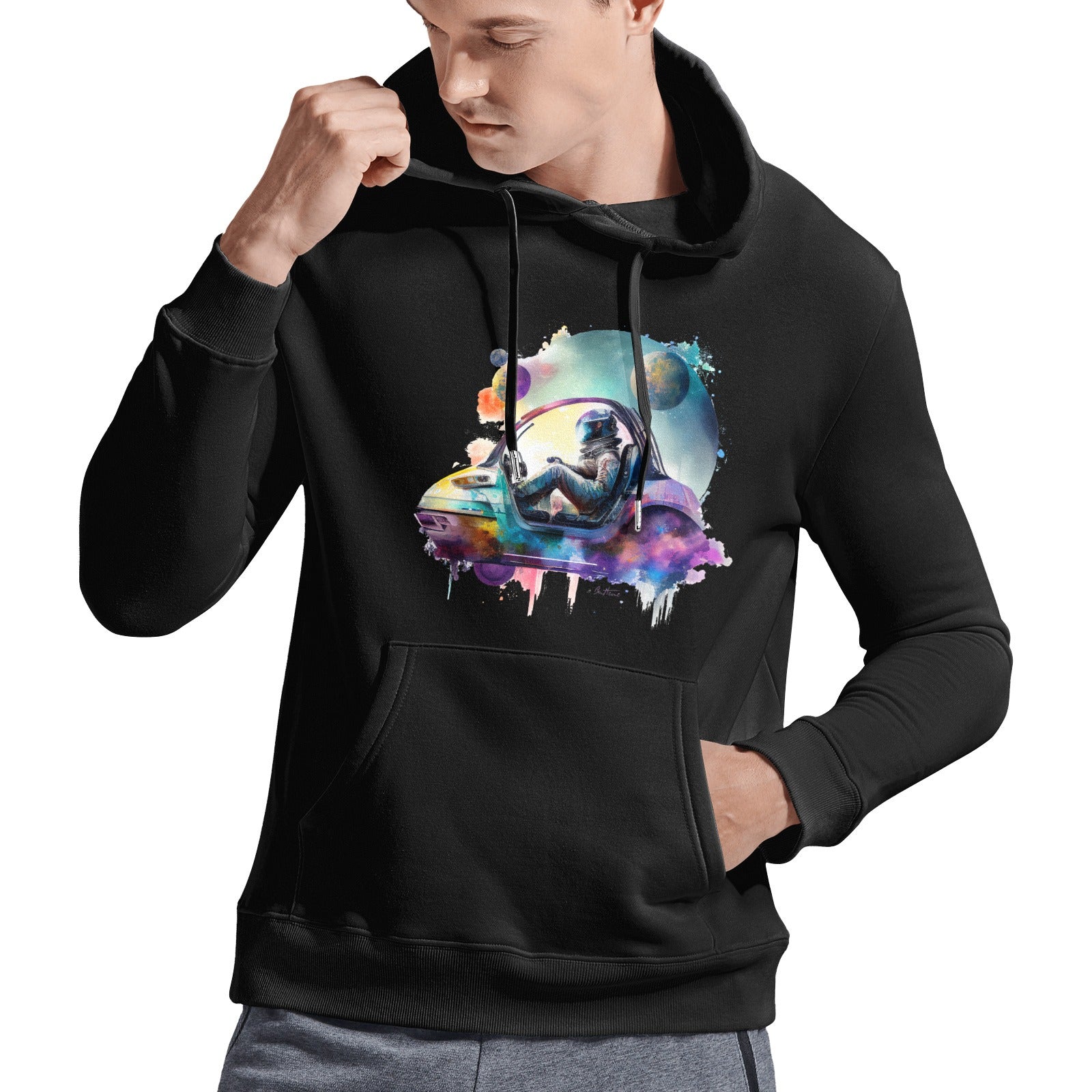 Cosmo Car - Astro Cruise black cotton hooded sweatshirt for men