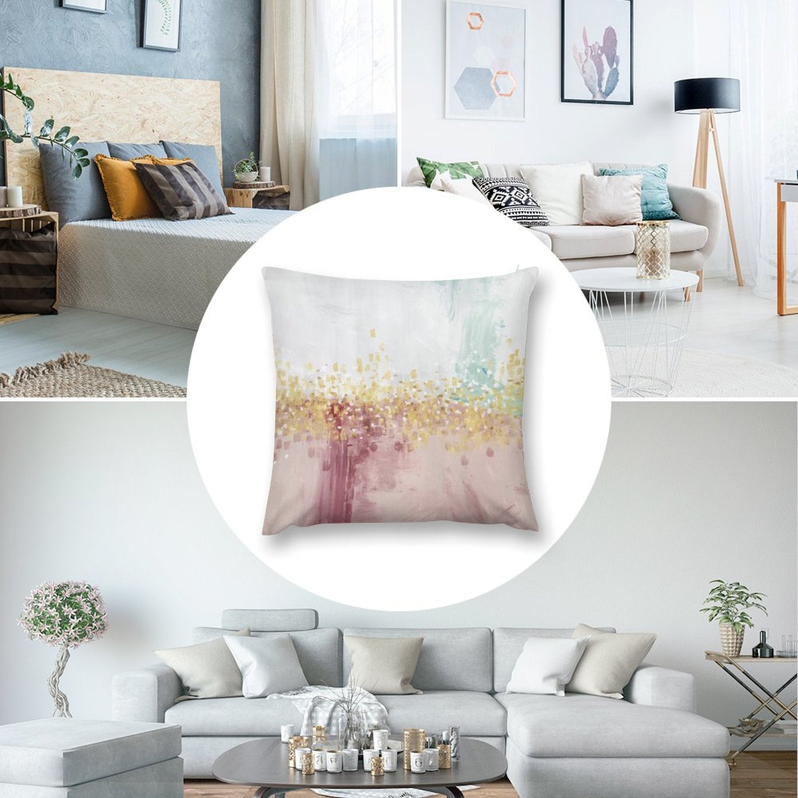 Abstract art throw pillow cover, pink, gold, and blue hues, soft plush, for sofa and living room.