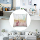 Abstract art throw pillow cover, pink, gold, and blue hues, soft plush, for sofa and living room.