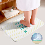 Custom bathroom rug with "YOUR DESIGN HERE" design, white, yellow hearts, and soft impact graphic.