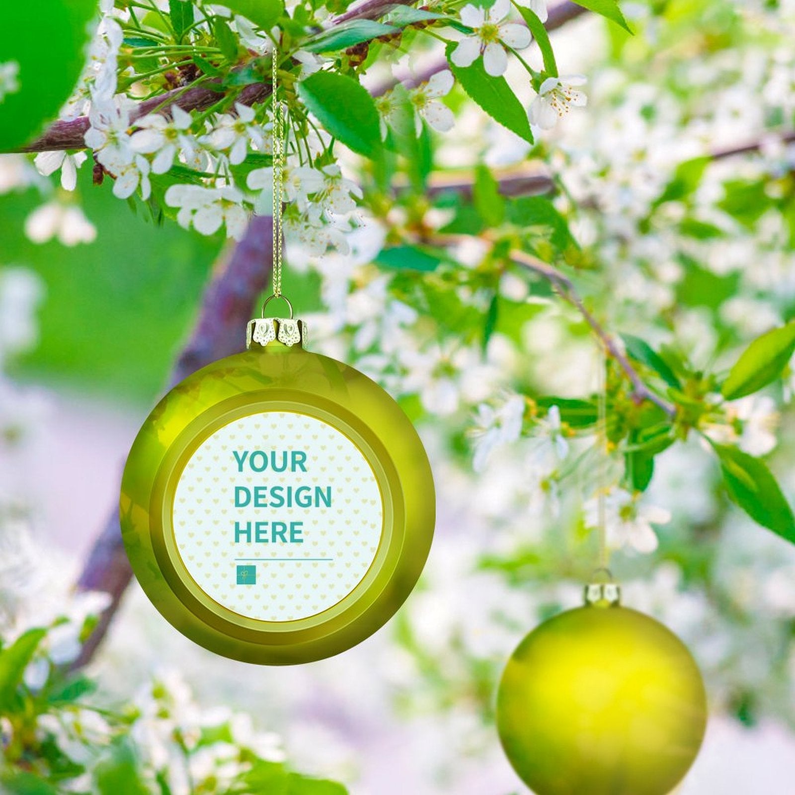 Personalized green Christmas ornament with "YOUR DESIGN HERE" text, perfect for custom holiday decor.