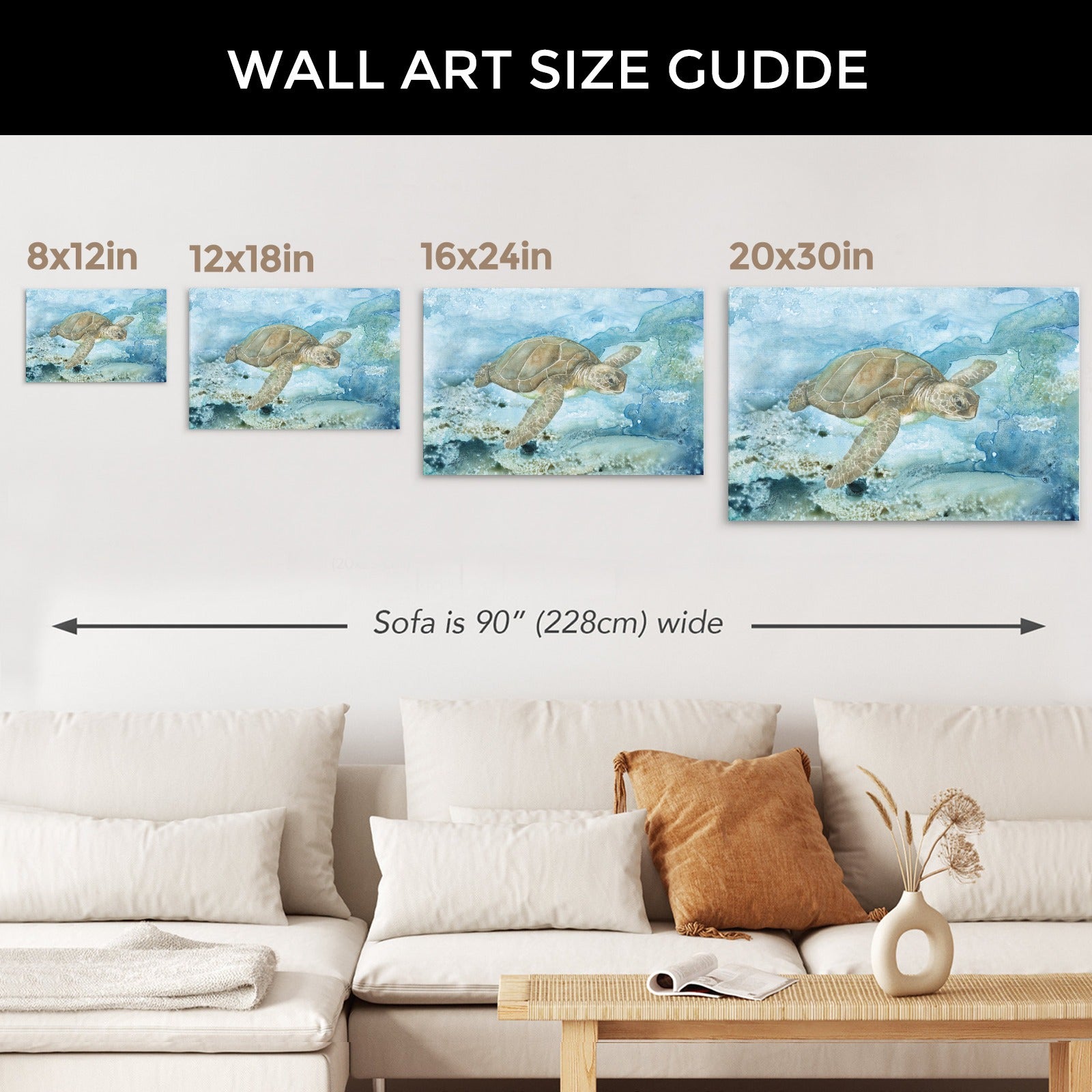 Sea Turtle Canvas Print size guide, featuring 8x12in, 12x18in, 16x24in, and 20x30in options. Wall art for home decor.