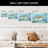 Sea Turtle Canvas Print size guide, featuring 8x12in, 12x18in, 16x24in, and 20x30in options. Wall art for home decor.