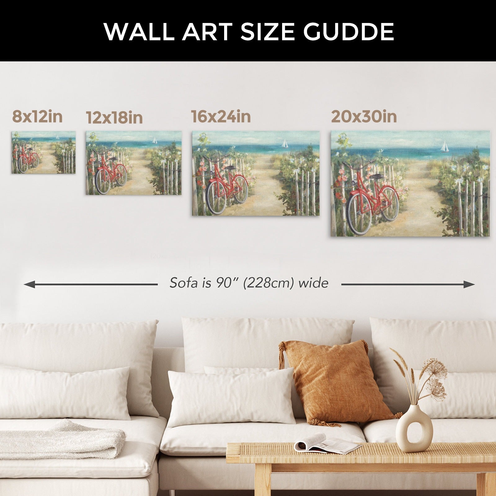 Summer Ride canvas art size guide, red bicycle on a beach path print for living room decor, wall art size guide