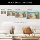 Summer Ride canvas art size guide, red bicycle on a beach path print for living room decor, wall art size guide