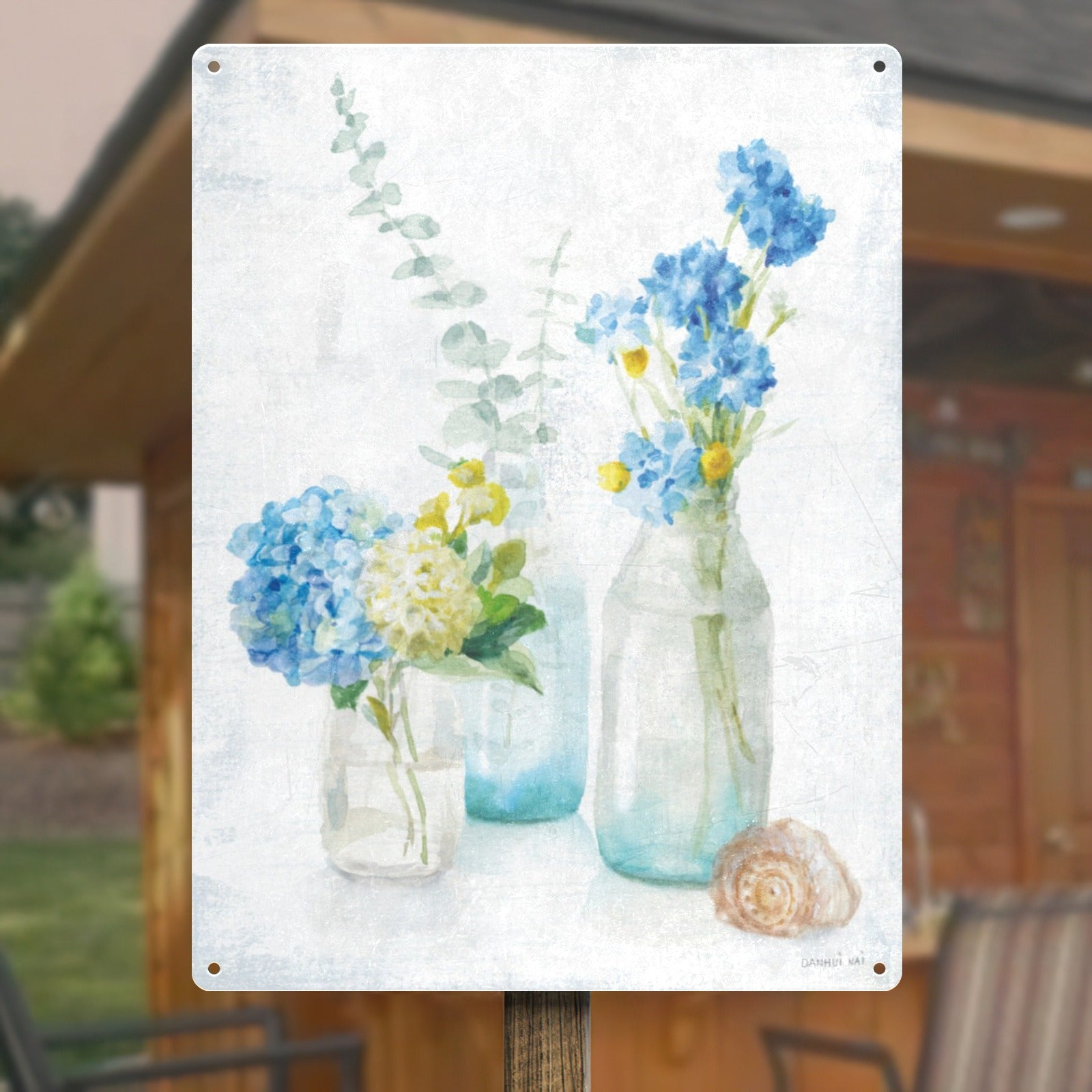 Beach Cottage Florals III Metal Sign with blue hydrangea flowers, made in USA, metal wall art