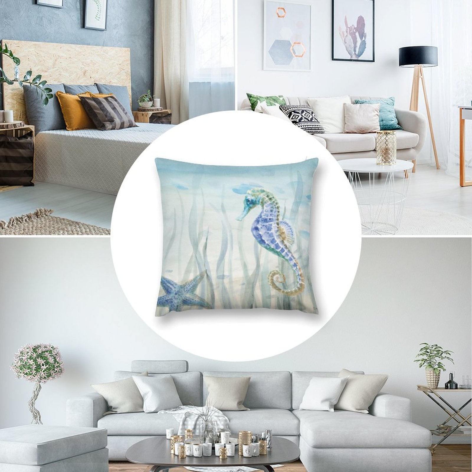 Watercolor seahorse art plush pillow cover, soft and decorative for sofa, couch, living room. MyArtsyGift.