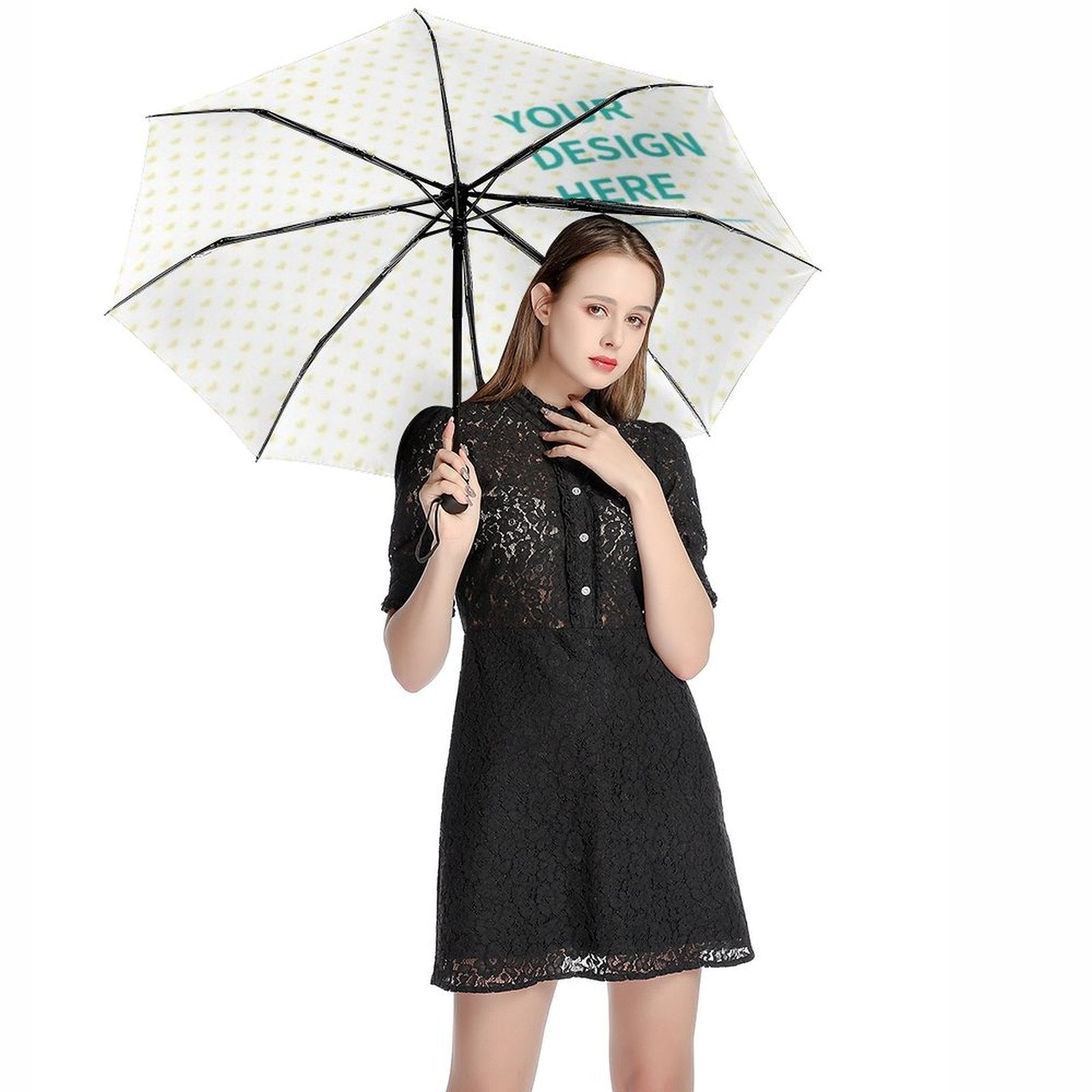 Custom UV resistant umbrella with 'YOUR DESIGN HERE' text, perfect for personalization, gift for men and women