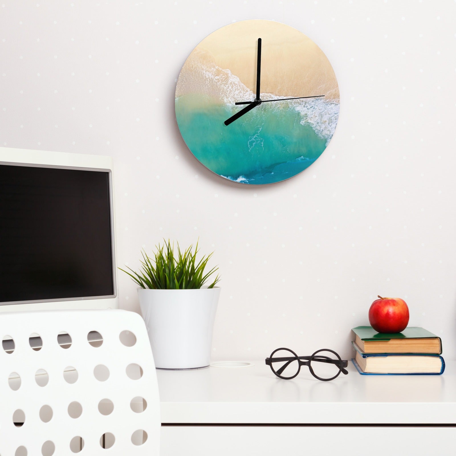 Beach MDF wall clock, coastal decor for living room or office. Silent quartz movement, durable MDF material.