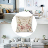 Happy Holidays linen pillow cover with floral design on sofa and bed, square cushion case