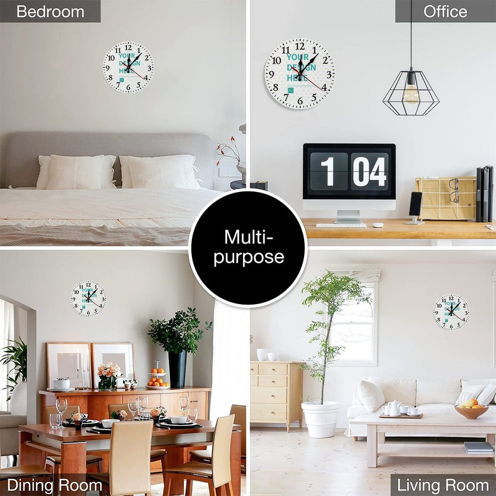 Multi-purpose custom wooden wall clock, perfect for office, bedroom, living room decor, featuring "YOUR DESIGN HERE"