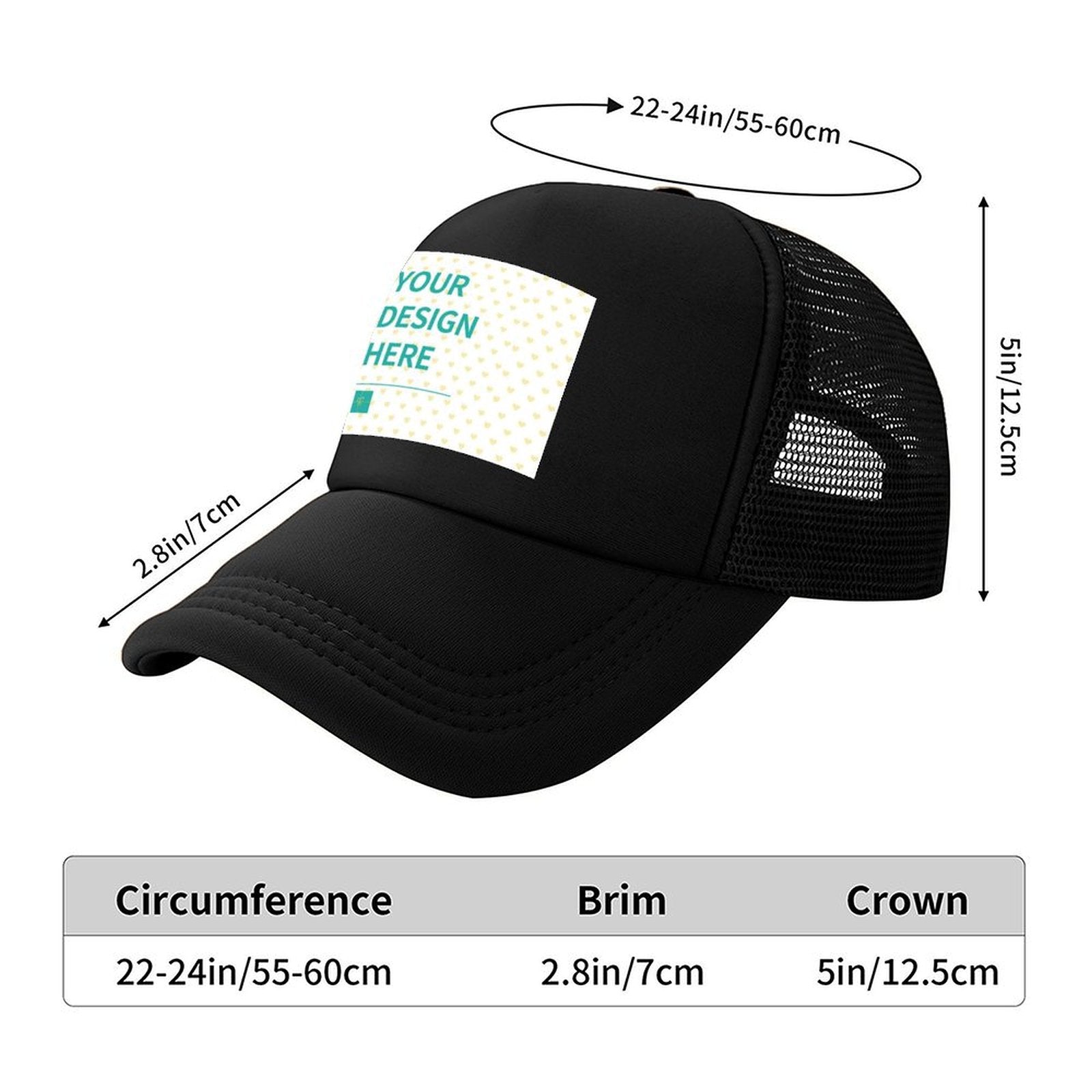 Customizable black mesh baseball cap hat with "YOUR DESIGN HERE" design. Ideal personalized gifts for men and women.