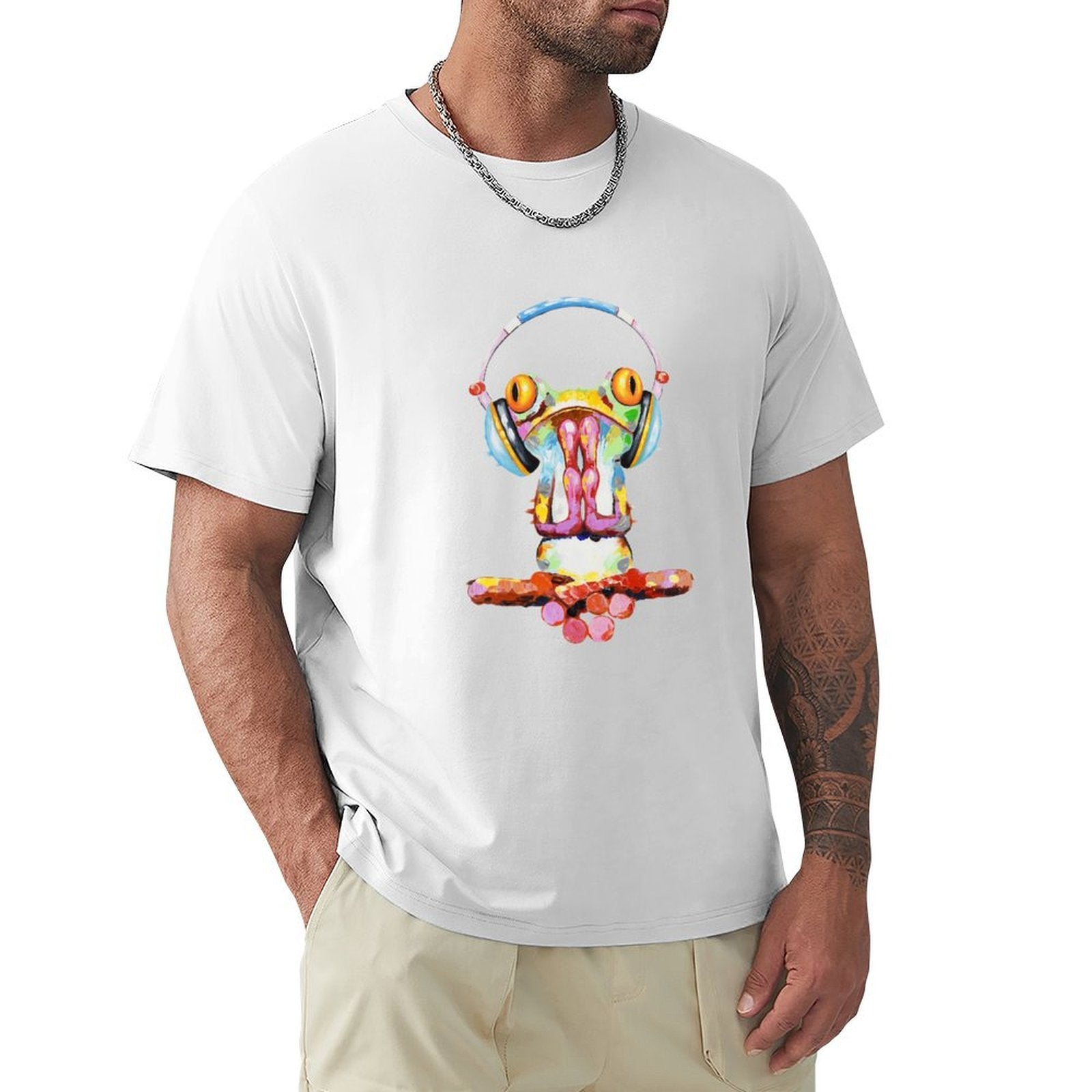 Men's white cotton crew neck t-shirt with colorful frog graphic and headphones, MyArtsyGift