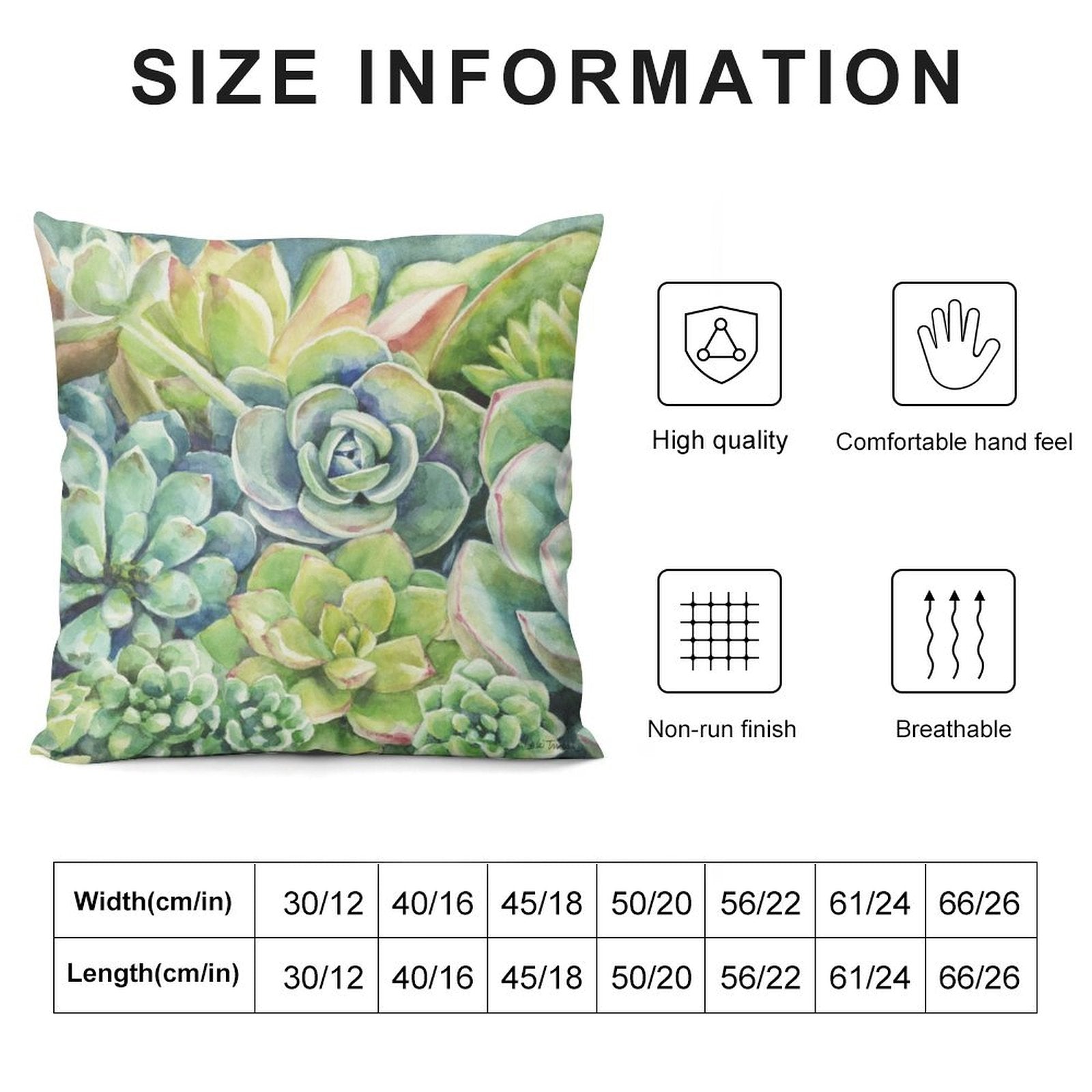 Succulent plant throw pillow cover. Soft, comfortable, and breathable. Features size information.
