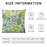 Succulent plant throw pillow cover. Soft, comfortable, and breathable. Features size information.