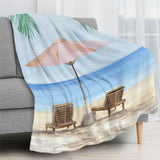 Summer beach scene blanket for sofa, couch, or bed. Lightweight polyester flannel, perfect for a relaxing summer day.