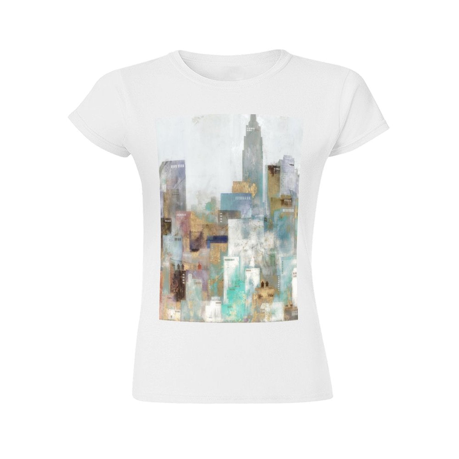 Women's white crewneck t-shirt with abstract cityscape graphic print, great gift idea