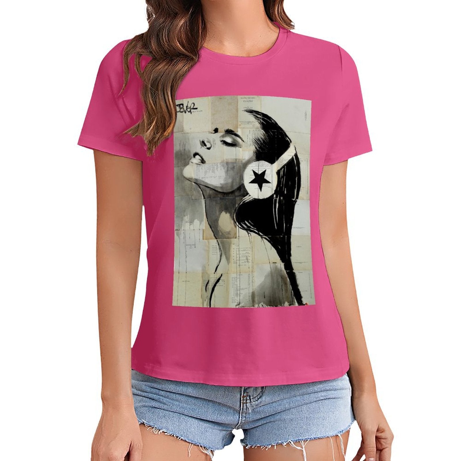Pink graphic tee featuring woman with headphone art print with a star. Short sleeve t-shirt for women, MyArtsyGift.