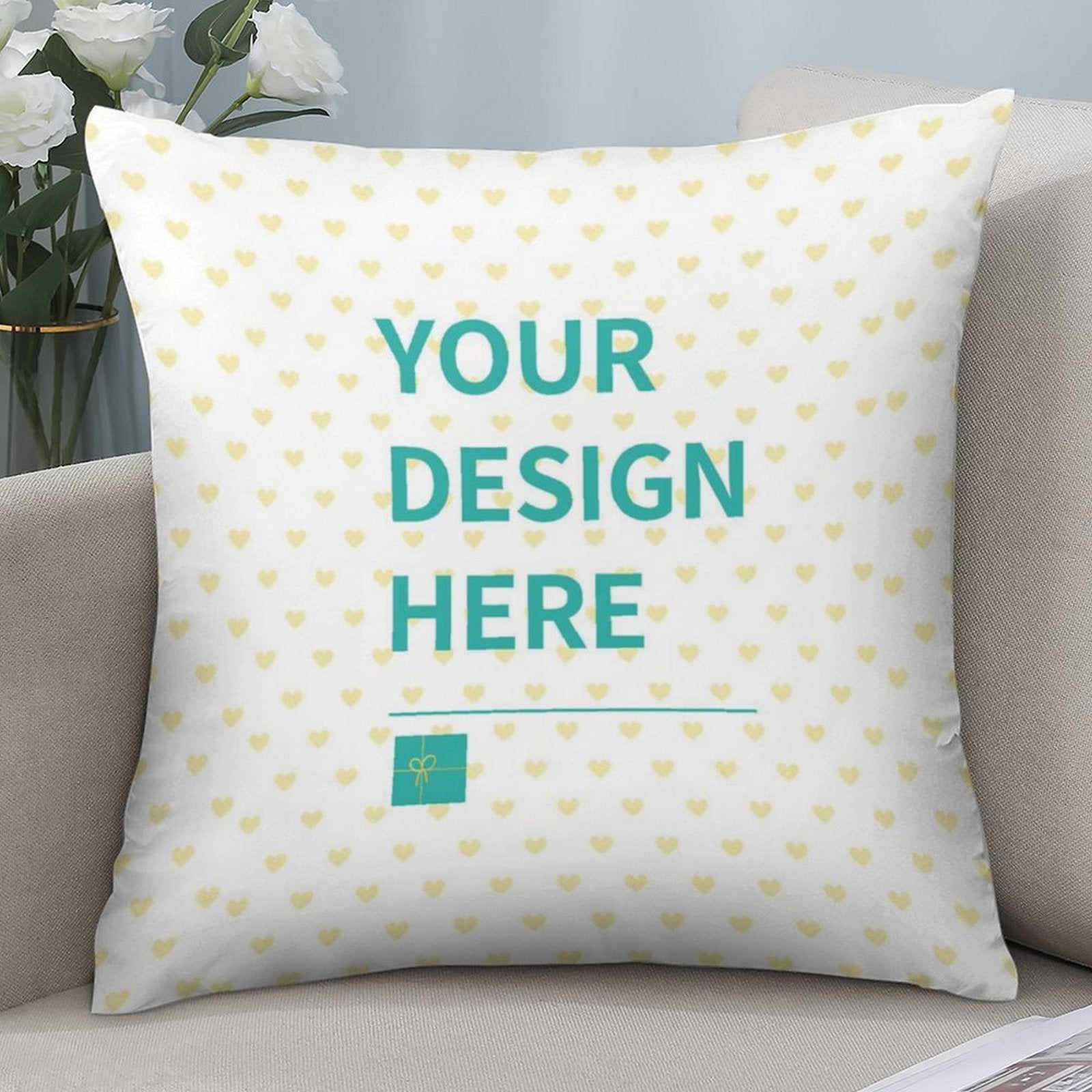 Custom polyester pillowcase with 'YOUR DESIGN HERE' text, heart pattern, bedroom decor