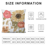 Floral throw pillow cover, featuring rose and sunflower design, with size chart. High-quality, comfortable, and breathable.